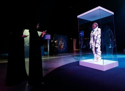 Dubai, January, 21, 2019: Students take a photo of the Space Suit dispalyed at the 2nd MBRSC Science Event 2019 in Dubai. Satish Kumar/ For the National