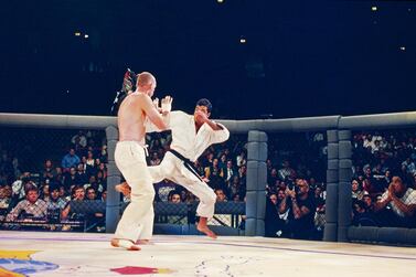 Royce Gracie in action during the Ultimate Fighter Championships UFC 1 on November 12, 1993 in Denver, Colorado. He fought in a jiu-jitsu gi, which would not be allowed today. Holly Stein / Getty Images