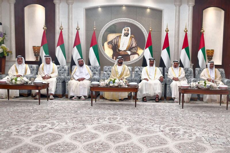 From left, Sheikh Saud bin Rashid Al Mu’alla, Ruler of Umm Al Quwain, Sheikh Saud bin Saqr Al Qasimi, Ruler of Ras Al Khaimah, Dr Sheikh Sultan Al Qasimi, Ruler of Sharjah, Sheikh Mohammed bin Rashid, Vice President and Ruler of Dubai, Sheikh Mohammed bin Zayed, Crown Prince of Abu Dhabi and Deputy Supreme Commander of the UAE Armed Forces, Sheikh Humaid bin Rashid Al Nuaimi, Ruler of Ajman, and Hamad bin Mohammed Al Sharqi, Ruler of Fujairah