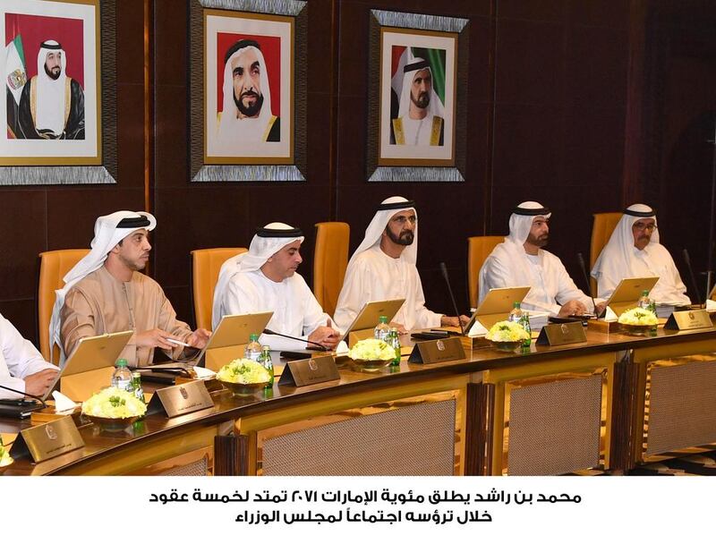 Sheikh Mohammed bin Rashid, Vice President, Prime Minister and Ruler of Dubai, on Wednesday announced the UAE Centennial 2071 plan at a Cabinet meeting also attended by Sheikh Saif bin Zayed, Deputy Prime Minister and Minister of Interior, Sheikh Mansour bin Zayed, Deputy Prime Minister and Minister of Presidential Affairs, 

Sheikh Hamdan bin Rashid, Deputy Ruler of Dubai and Minister of Finance, and Mohammad Al Gergawi, Minister of Cabinet Affairs and the Future. Wam