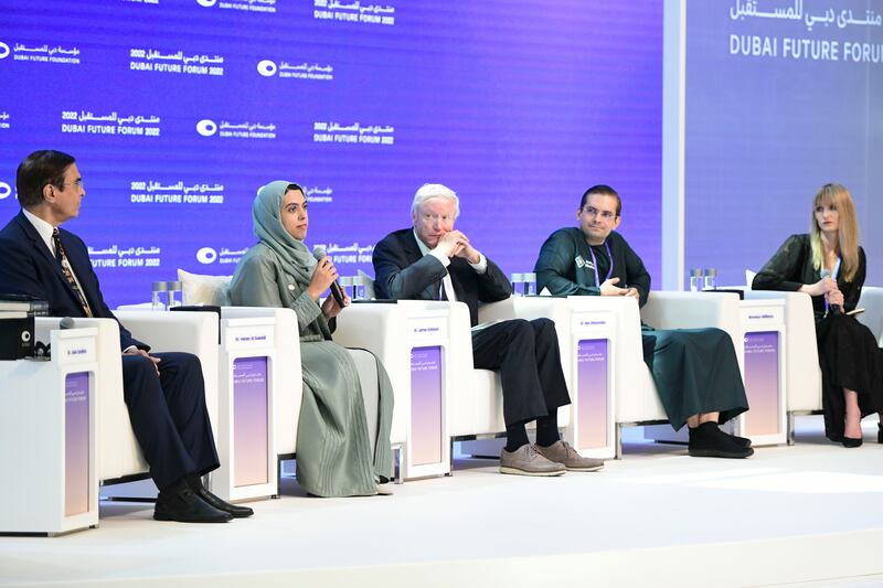 From left: Dr Jose Cordeiro, vice chair, Humanity Plus; Dr Hanan Al Suwaidi, chief business officer, Dubai Academic Health Corporation; Dr James Kirkland, Noaber Foundation professor of aging research, Mayo Clinic; and Dr Alex Zhavoronko, founder and chief executive of Insilico Medicine; with moderator Bronwyn Williams, Metanomic.