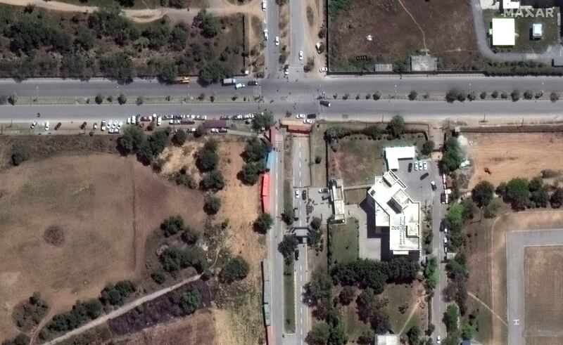 A satellite image shows heavy security around police headquarters in Islamabad after Mr Khan's arrest. Reuters