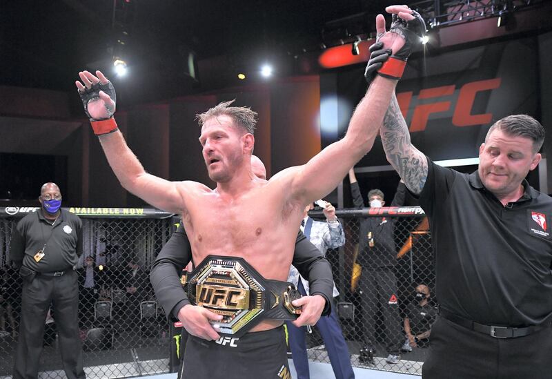 LAS VEGAS, NEVADA - AUGUST 15: Stipe Miocic celebrates after his victory over Daniel Cormier in their UFC heavyweight championship bout during the UFC 252 event at UFC APEX on August 15, 2020 in Las Vegas, Nevada. (Photo by Jeff Bottari/Zuffa LLC)