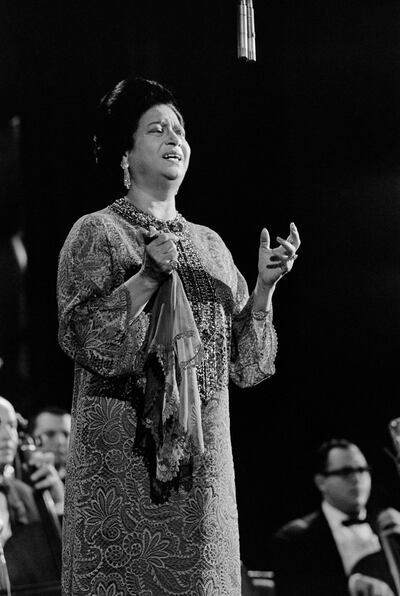 Egyptian singer Umm Kulthum performs on November 14, 1967 at the Olympia concert hall, in Paris.  AFP PHOTO (Photo by STRINGER / AFP)
