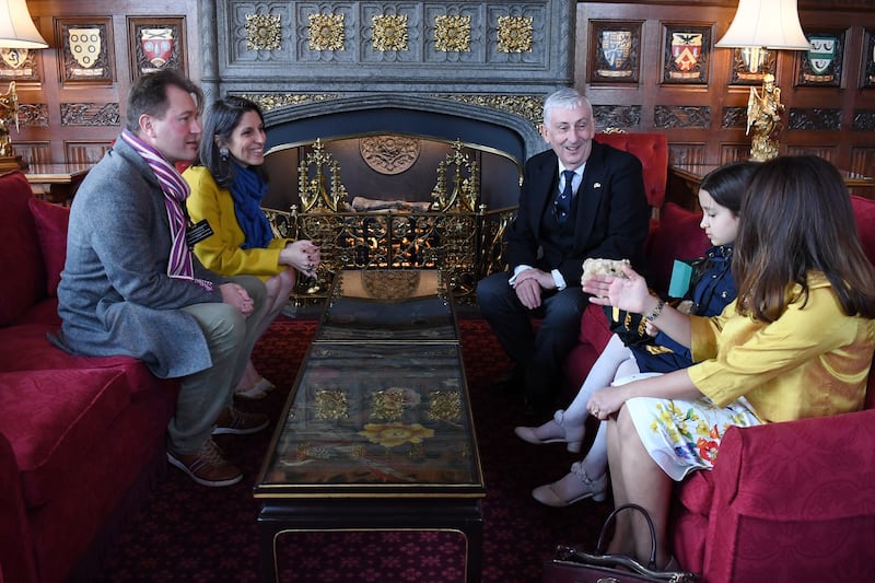Mrs Zaghari-Ratcliffe, Richard Ratcliffe and their daughter Gabriella with Speaker of the House of Commons Sir Lindsay Hoyle and MP Tulip Siddiq at the Palace of Westminster, in March. Photo: UK Parliament