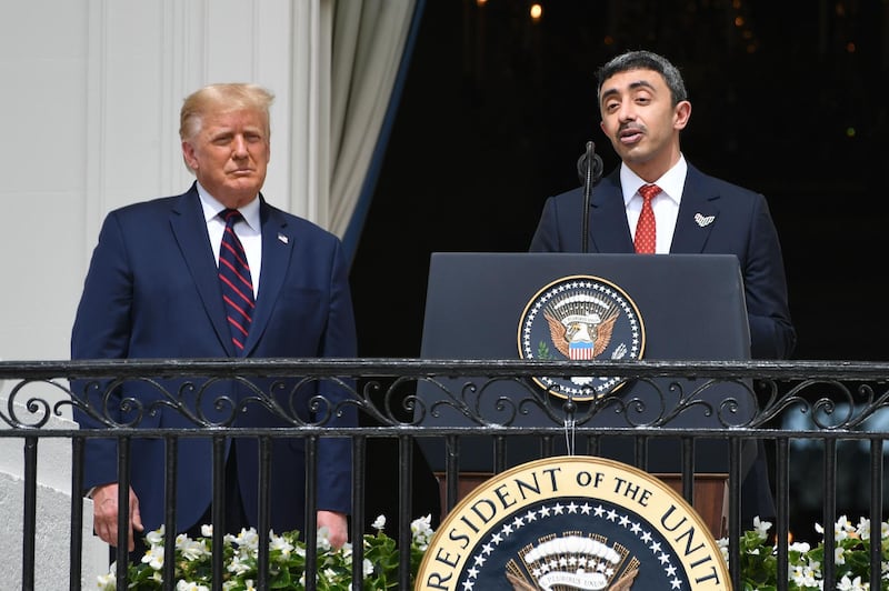 Sheikh Abdullah speaks from the Truman Balcony at the White House during the signing ceremony of the Abraham Accord. AFP