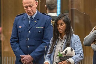 Weedad Mohamemd Hosen gives her victim impact statement during the sentencing hearing of the Australian gunman at the Christchurch High Court after he pleaded guilty to 51 charges of murder, 40 of attempted murder and one of terrorism in Christchurch, New Zealand. AP