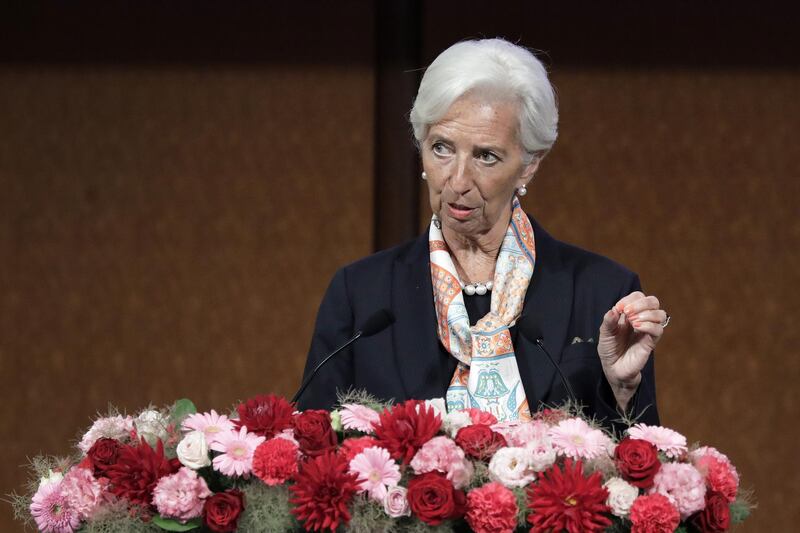 Christine Lagarde, managing director of the International Monetary Fund (IMF), speaks during a seminar on financial innovation at the Group of 20 (G-20) finance ministers and central bank governors meeting in Fukuoka, Japan, on Saturday, June 8, 2019. Lagarde shone a light on the darker side of fintech developments at the gathering of finance and central bank chiefs from the Group of 20 nations. Photographer: Kiyoshi Ota/Bloomberg