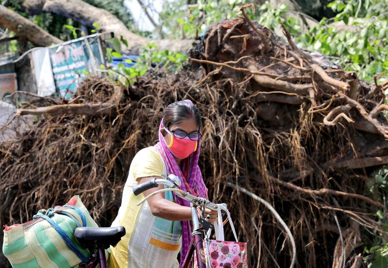 epa08436888 A commuter wears a protective face mask as she passes an uprooted tree after Cyclone Amphan hit Bengal; in Kolkata, India, 22 May 2020.  A massive water crisis faces the city due to disrupted electricity supply lines. According to media reports, 80 people died in Bengal after cyclone Amphan hit the Bengal.  EPA/PIYAL ADHIKARY