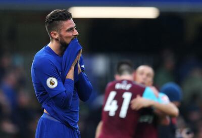 LONDON, ENGLAND - APRIL 08:  Olivier Giroud of Chelsea looks dejected after the Premier League match between Chelsea and West Ham United at Stamford Bridge on April 8, 2018 in London, England.  (Photo by Catherine Ivill/Getty Images)