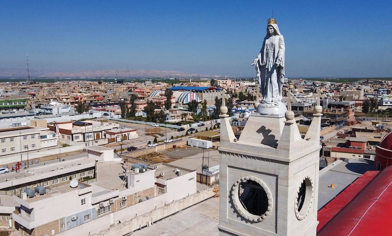 The statue of the Virgin Mary at the Syriac Catholic Church of the Immaculate Conception, or Al-Tahira Al-Kubra church, in the predominantly Christian town of Qaraqosh in Iraq. AFP