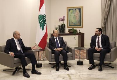 Lebanese President Michel Aoun (C), Prime Minister Saad Hariri (R), and House Speaker Nabih Berri meet at the presidential palace in Baabda, east of the capital Beirut, on January 31, 2019.  / AFP / ANWAR AMRO
