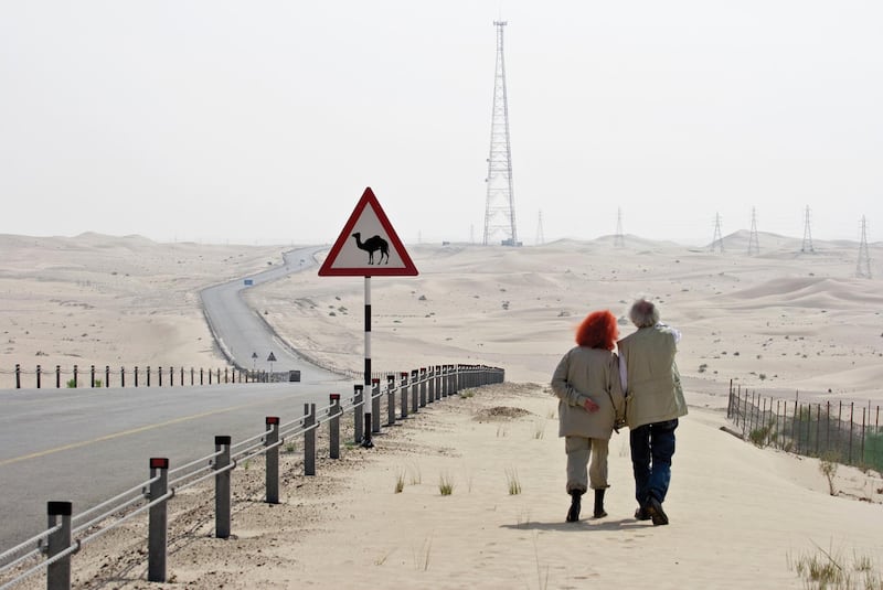 Christo and Jeanne-Claude scouting locations for the site of The Mastaba
October 2007
Photo: Wolfgang Volz
© 2007 Christo
Print Size: 5 1/4 x 7 7/8" (13.3 x 20 cm) *** Local Caption ***  na15mr-focus-christo2.jpg