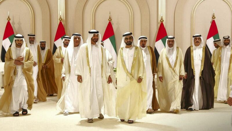 The UAE's Rulers and Crown Princes attend the wedding of Sheikh Hamdan bin Mohammed, Crown Prince of Dubai, Sheikh Maktoum bin Mohammed, Deputy Ruler of Dubai, and Sheikh Ahmed bin Mohammed, Chairman of the Mohammed bin Rashid Al Maktoum Knowledge Foundation, on Thursday at Dubai World Trade Centre. Courtesy Dubai Media Office