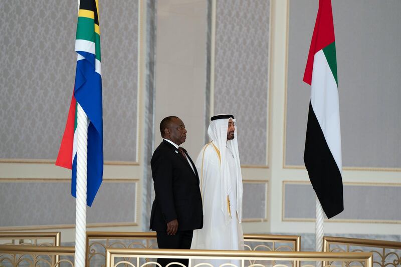 ABU DHABI, UNITED ARAB EMIRATES - July 13, 2018: HH Sheikh Mohamed bin Zayed Al Nahyan Crown Prince of Abu Dhabi Deputy Supreme Commander of the UAE Armed Forces (R), receives HE Cyril Ramaphosa, President of South Africa (L), at the Presidential Airport.
 
( Mohamed Al Hammadi / Crown Prince Court - Abu Dhabi )
---