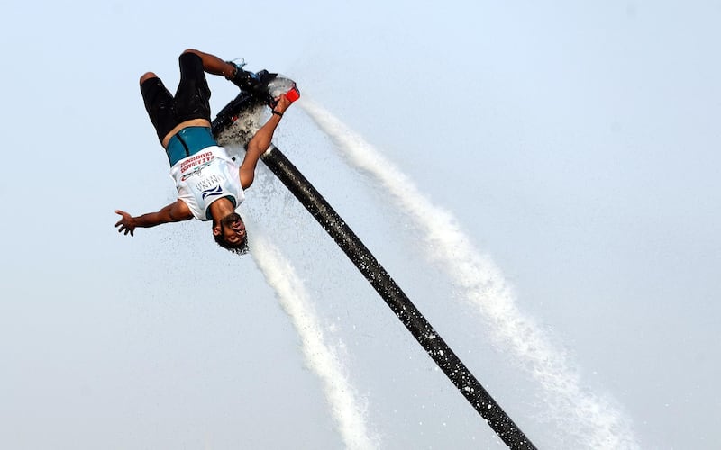 Dubai, United Arab Emirates - Reporter: N/A. Sport. People compete in the fly board section of the Dubai Watersports Summer Week. Thursday, June 25th, 2020. Dubai. Chris Whiteoak / The National