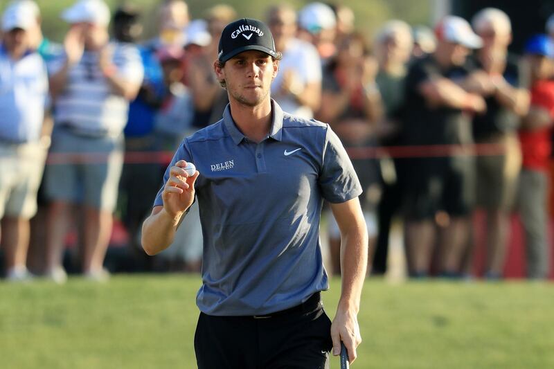 ABU DHABI, UNITED ARAB EMIRATES - JANUARY 20:  Thomas Pieters of Belgium reacts to his par save on the 18th green during round three of the Abu Dhabi HSBC Golf Championship at Abu Dhabi Golf Club on January 20, 2018 in Abu Dhabi, United Arab Emirates.  (Photo by Andrew Redington/Getty Images)
