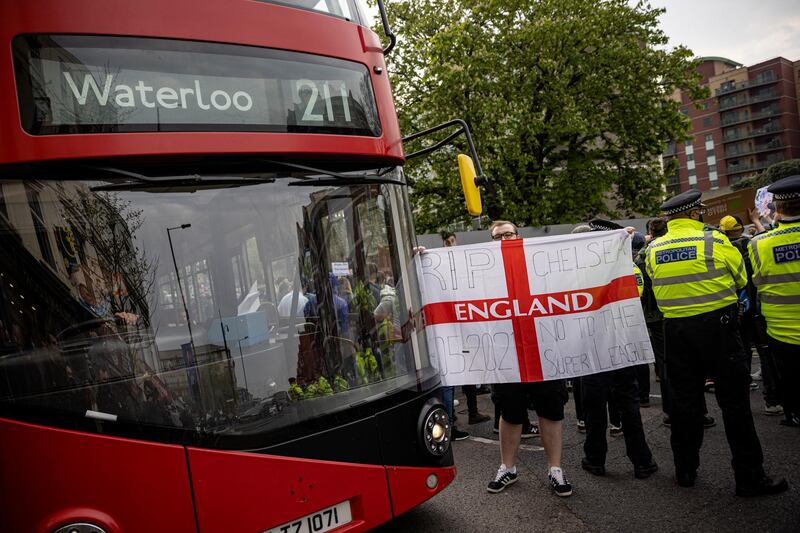 Chelsea fans protest against the European Super League outside Stamford Bridge. Getty