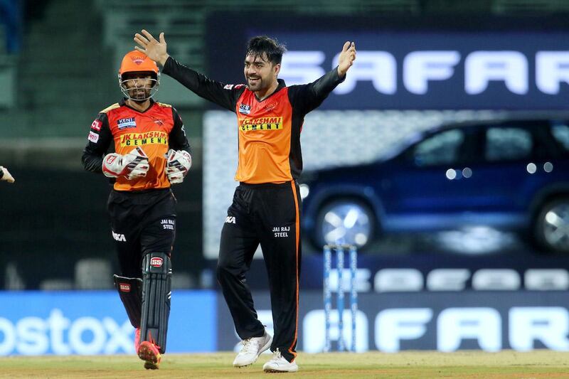 Rashid Khan of Sunrisers Hyderabad celebrates the wicket of AB de Villiers of Royal Challengers Bangalore during match 6 of the Vivo Indian Premier League 2021 between the Sunrisers Hyderabad and the Royal Challengers Bangalore held at the M. A. Chidambaram Stadium, Chennai on the 14th April 2021.

Photo by Vipin Pawar / Sportzpics for IPL