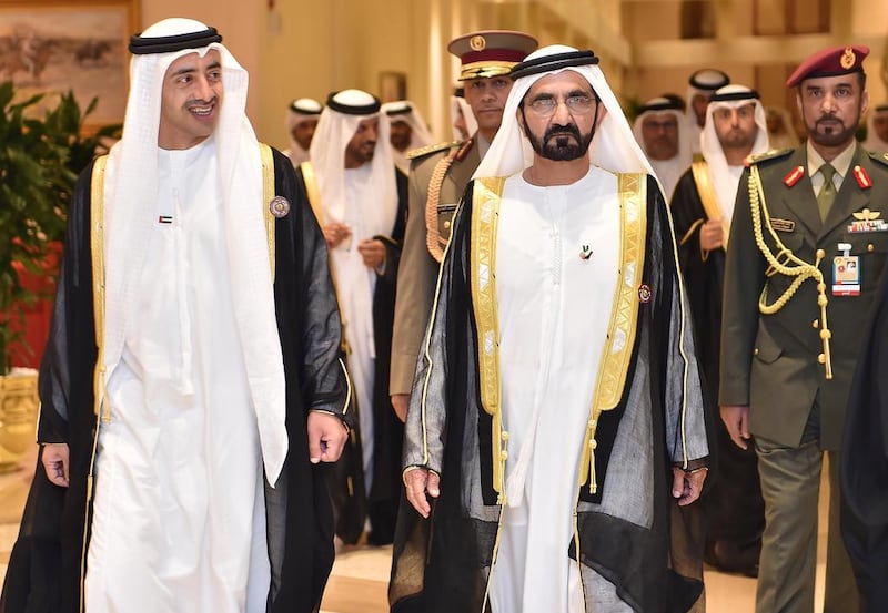 Shiekh Mohammed bin Rashid, Vice President and Ruler of Dubai, right, and Sheikh Abdullah bin Zayed, Minister of Foreign Affairs, represented the UAE at the GCC summit in Doha on December 9, 2014. Wam