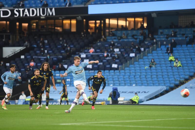 Kevin De Bruyne - 9: The brilliant Belgian picked up where he left off pre-shutdown with another masterful performance. A goal and an assist and was at the heart of everything City did before being withdrawn past the hour. EPA