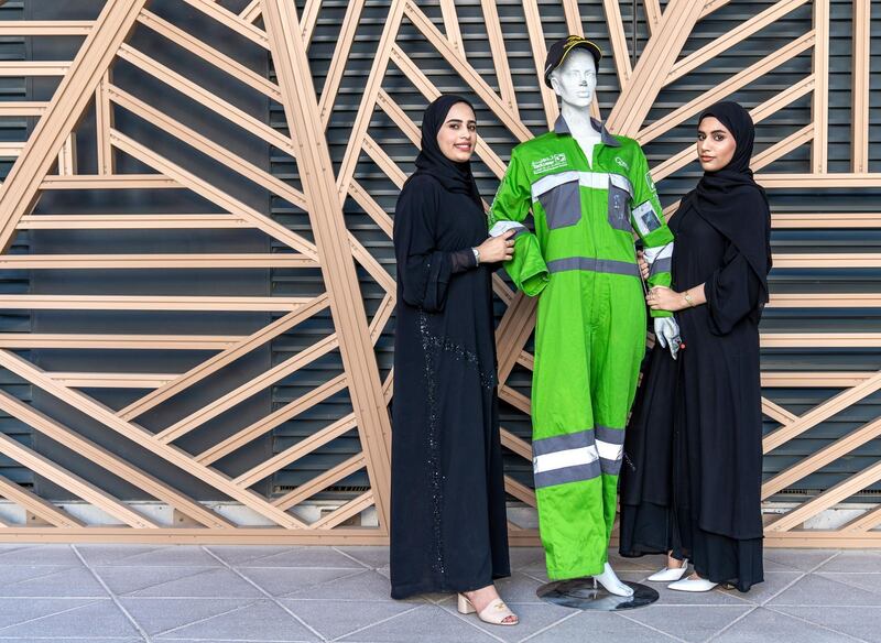 Abu Dhabi, United Arab Emirates, October 17, 2019.   It is a portrait of Aryam Ahmed, a young emirati entrepreneur who has won a competition for inventing a suit designed to keep construction workers cool in the heat. 
(L-R) Latifa Al Seiari and Aryam Ahmad.
Victor Besa/The National
Section:  NA
Reporter:  Dan Sanderson