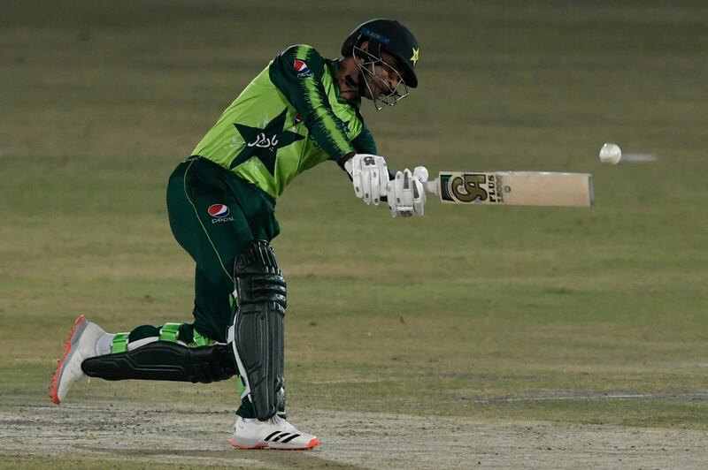 Pakistan's Fakhar Zaman plays a shot during the first Twenty20 cricket match between Pakistan and Zimbabwe at the Rawalpindi Cricket Stadium in Rawalpindi on November 7, 2020. / AFP / Aamir QURESHI
