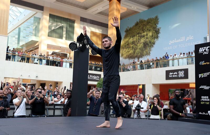 ABU DHABI ,  UNITED ARAB EMIRATES , SEPTEMBER 4 – 2019 :- Khabib Nurmagomedov during the UFC Open Workout session held at The Yas Mall in Abu Dhabi. ( Pawan Singh / The National ) For Sports/Online/Instagram. Story by John
