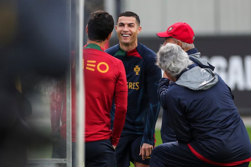 Portugal's Cristiano Ronaldo and teammates attend their training session at Cidade do Futebol in Oeiras, near Lisbon, Portugal. EPA
