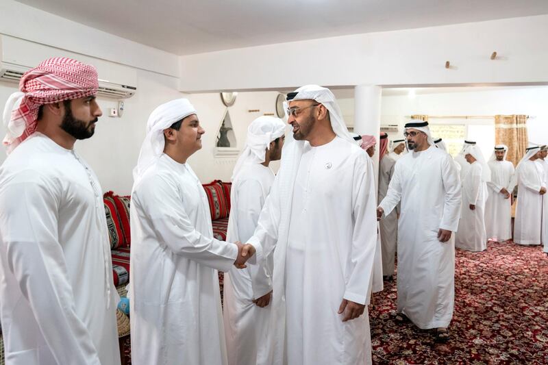 AL AIN, UNITED ARAB EMIRATES - January 19, 2019: HH Sheikh Mohamed bin Zayed Al Nahyan, Crown Prince of Abu Dhabi and Deputy Supreme Commander of the UAE Armed Forces (R) visits the house of Matar Khalfan Al Neyadi (not shown). Seen with HH Sheikh Khaled bin Zayed Al Nahyan, Chairman of the Board of Zayed Higher Organization for Humanitarian Care and Special Needs (ZHO) (back R).

( Mohamed Al Hammadi / Ministry of Presidential Affairs )
---