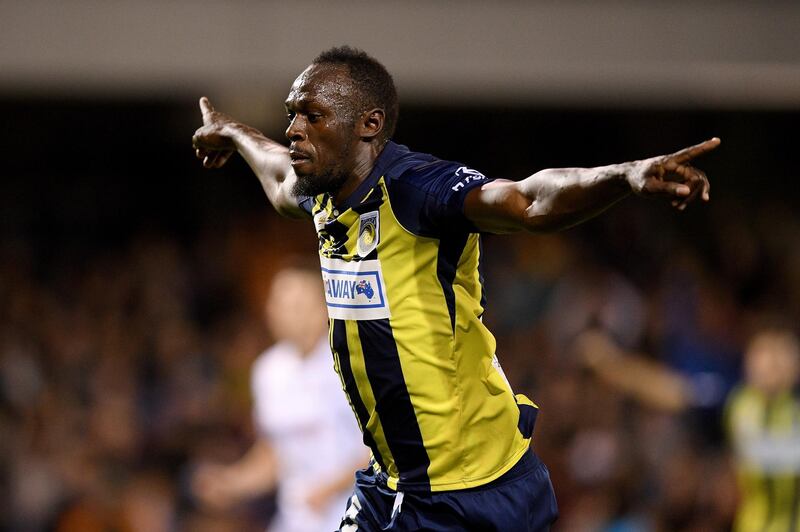 Usain Bolt in action for the Mariners against Macarthur South West United during a pre-season friendly at Campbelltown Sports Stadium in Sydney. EPA