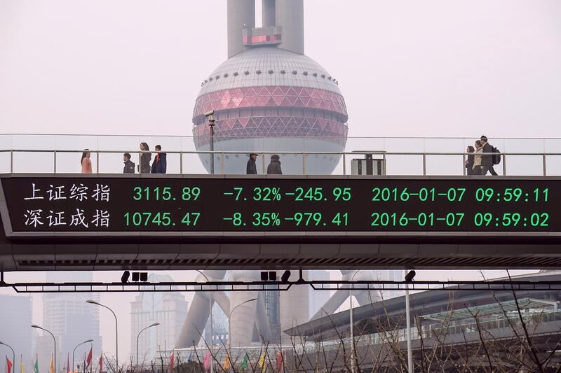 CORRECTION-CITY IN METADATA
People walks along a pedestrian bridge with a screen showing stock market movements in Shanghai on January 7, 2016. China's market regulator on January 7 extended restrictions on big shareholders selling stocks, on whom a ban had been due to expire at the end of the week, as trade was suspended in the morning following a seven percent plunge.          AFP PHOTO   CHINA OUT (Photo by STR / AFP)