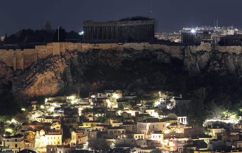 Acropolis hill with floodlights switched off during 'Earth Hour' in Athens, Greece. EPA
