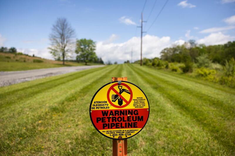 A sign marks the below-ground location of a Colonial Pipeline petroleum pipeline in Woodbine, Maryland, USA.The pipeline, traverses a distance of 8,850 kilometres and carries gasoline and jet fuel from Texas to New York. EPA