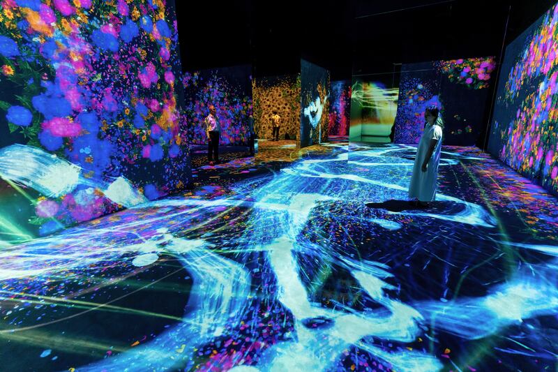 'Reversible Rotation, Flying Beyond Borders - One Stroke, Cold Light' by teamLab.