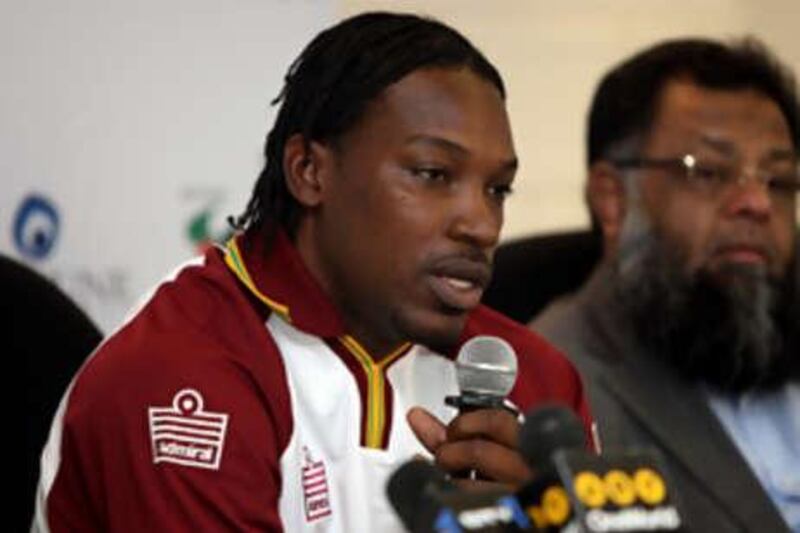 The West Indies captain Chris Gayle speaks during a press conference before the three one-day series against Pakistan at Zayed Cricket stadium.