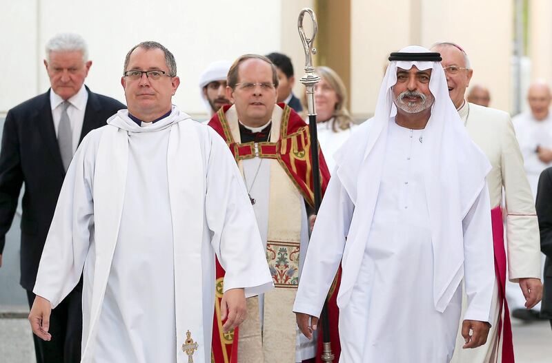 ABU DHABI , UNITED ARAB EMIRATES, October 03, 2018 :- Sheikh Nahyan bin Mubarak Al Nahyan, Minister of Tolerance ( right ) , Senior Chaplain Canon Andrew Thompson ( left ) and Bishop Michael Lewis ( center ) during the visit of Sheikh Nahyan at the church as part of the 50th anniversary of the St Andrew’s Church in Abu Dhabi. ( Pawan Singh / The National )  For News. Story by John