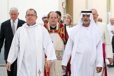 Sheikh Nahyan, Minister of Tolerance (right), senior chaplain, Rev Andrew Thompson (left), and Bishop Michael Lewis (centre) during the 50th anniversary celebrations of St Andrew’s Church in Abu Dhabi. Pawan Singh / The National