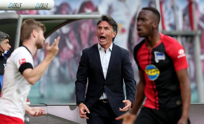 Hertha Berlin manager Bruno Labbadia reacts on the sidelines. AFP