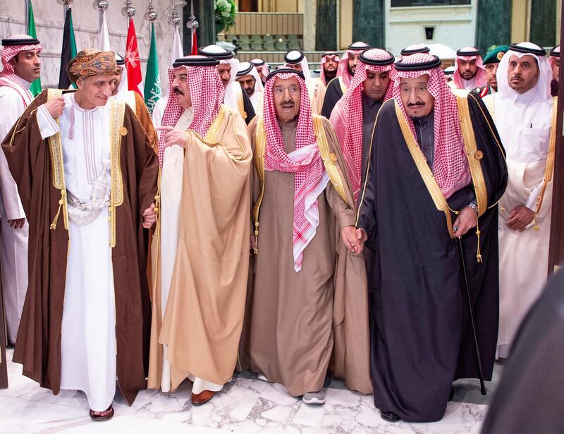 Saudi Arabia's King Salman bin Abdulaziz Al Saud walks with Kuwaiti Emir Sheikh Sabah al-Ahmad al-Jaber al-Sabah and GCC leaders during the Gulf Cooperation Council's (GCC) 40th Summit in Riyadh, Saudi Arabia December 10, 2019. Bandar Algaloud/Courtesy of Saudi Royal Court/Handout via REUTERS   ATTENTION EDITORS - THIS PICTURE WAS PROVIDED BY A THIRD PARTY
