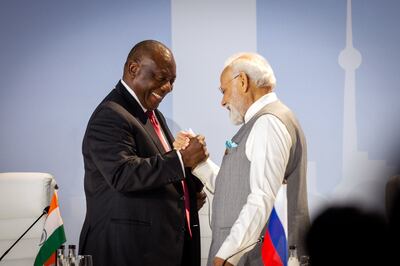 South African President Cyril Ramaphosa and Indian Prime Minister Narendra Modi at the Brics summit in Johannesburg last month. EPA
