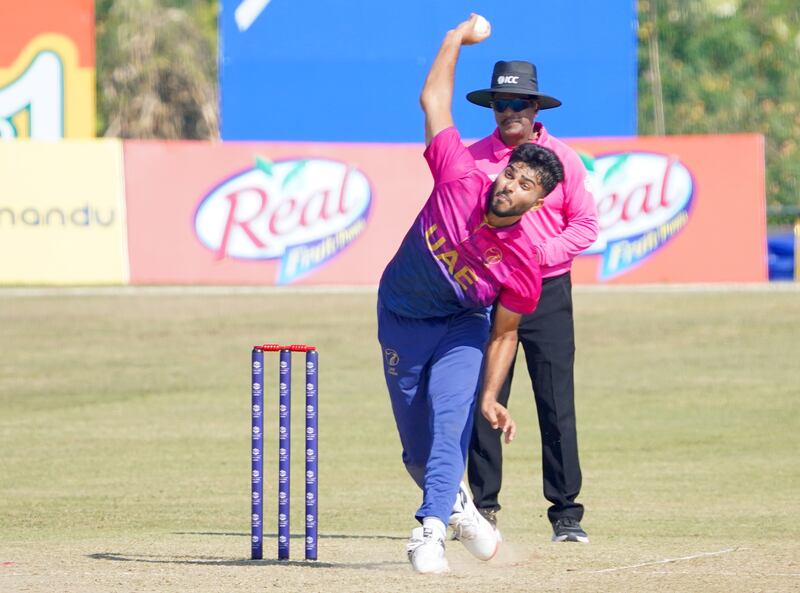 UAE bowler Junaid Siddique in action.