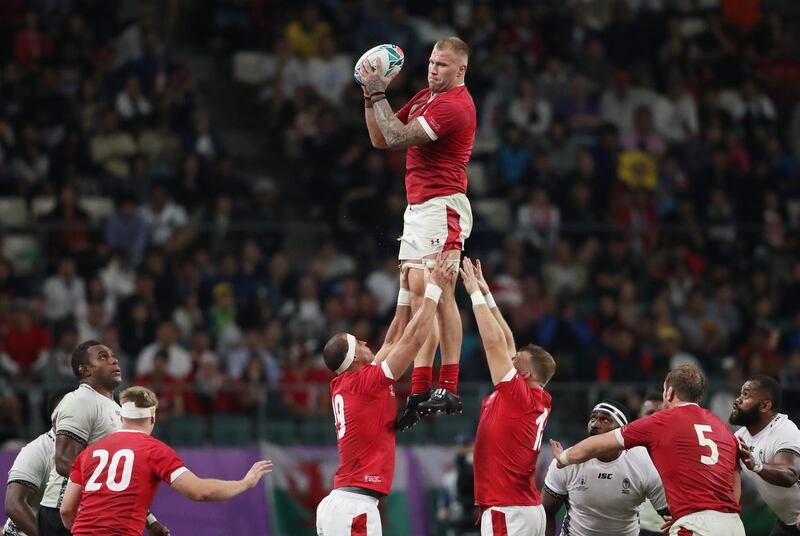 Wales' Ross Moriarty during a lineout - Pool D - Wales v Fiji - Oita Stadium, Oita, Japan.  REUTERS