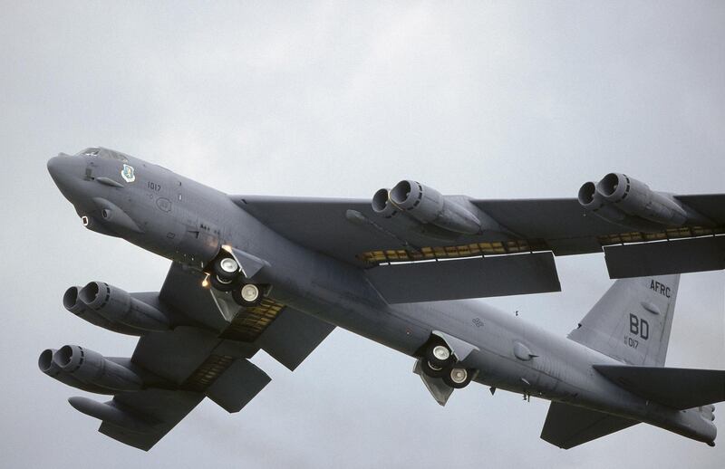 USAF Boeing B-52H Stratofortress taking-off with undercarriage retracting and trailing-edge wing flaps lowered at the 1998 Fairford Royal International Air Tattoo RIAT. (Photo by: aviation-images.com/UIG via Getty Images)