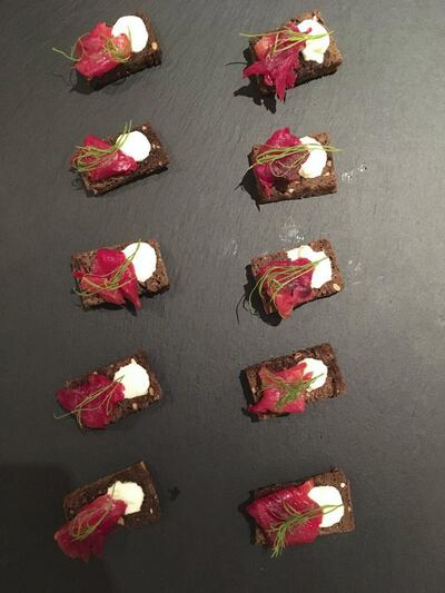 RESIZED. Beetroot gravadlax with cucumber creme fraiche, black bread and dill - Ghaf Kitchen