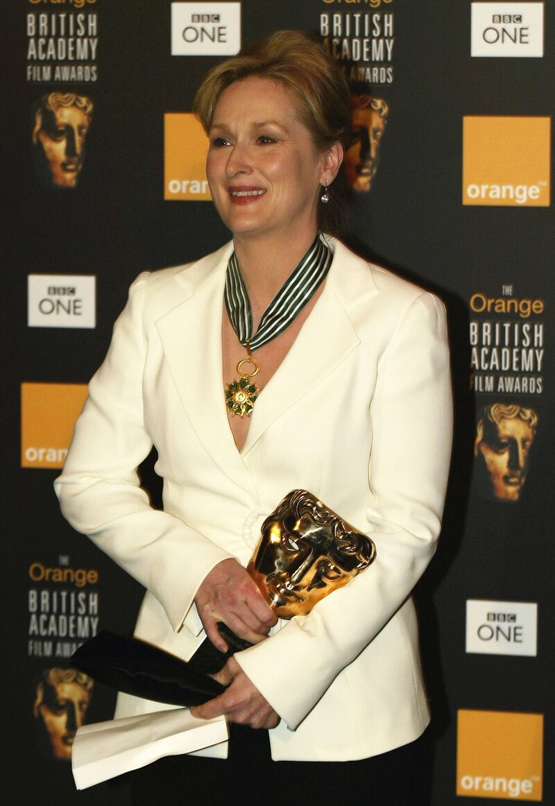 LONDON - FEBRUARY 23:  Actress Meryl Streep poses with the Bafta Best Adapted Screenplay award during the 49th Orange British Academy Film Awards at the Odeon, Leicester Square on February 23, 2003 in London. (Photo By Scott Barbour/Getty Images)
