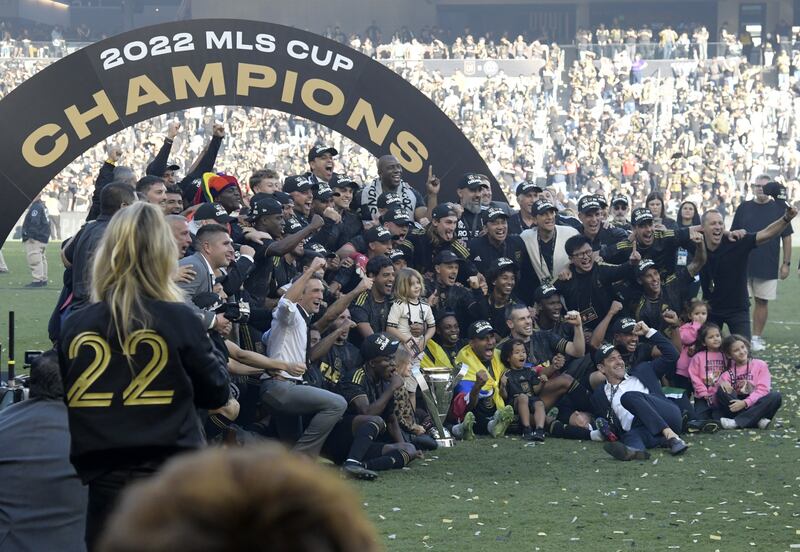 Los Angeles FC players, staff and owners celebrate after defeating the Philadelphia Union. AFP