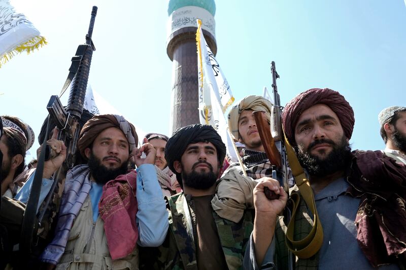 Taliban fighters in front of the US embassy in Kabul. AP Photo