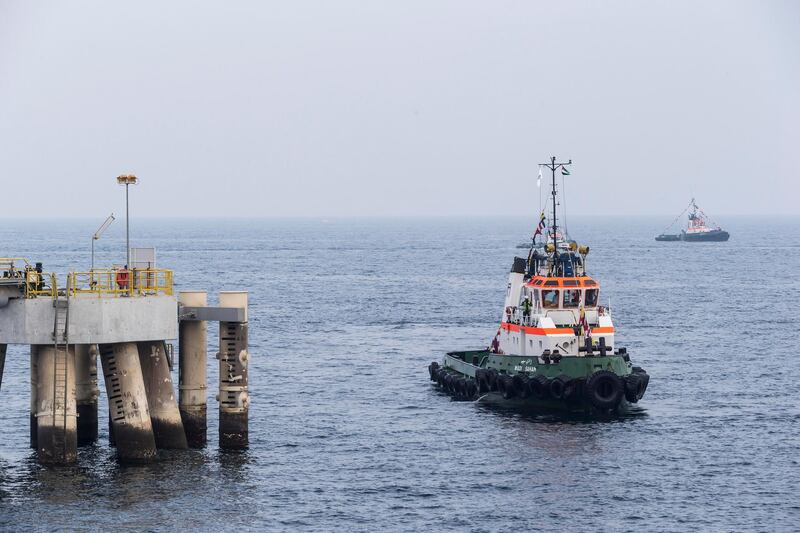 FUJAIRAH, UNITED ARAB EMIRATES, 21 SEPTEMBER 2016. A VLCC or Very Large Crude Carrier docks at the Fujairah Oil Tanker Terminal VLCC Birth 1 jetty in the Port of Fujairah on the day of the inauguration ceremony. (Photo: Antonie Robertson/The National) ID: 81649. Journalist: Ruba Haza. Section: Business. *** Local Caption ***  AR_2109_VLCC_Tanker_Terminal-21.JPG