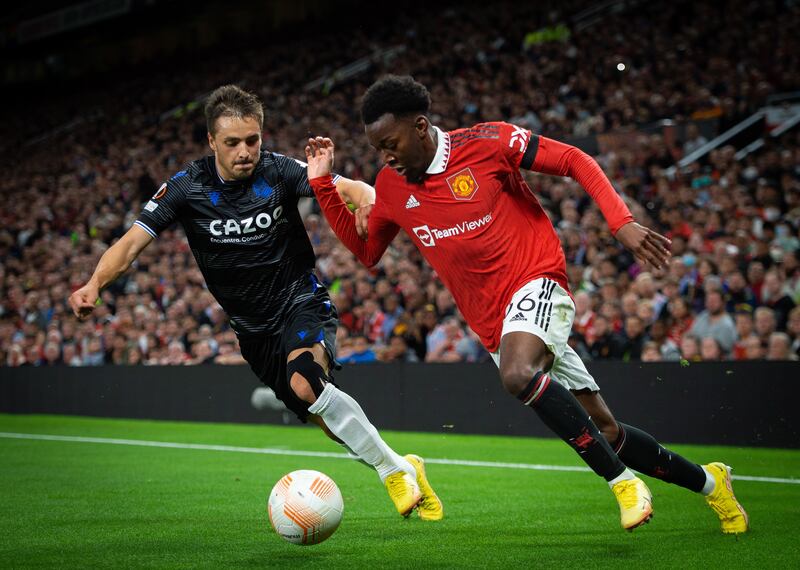 Real Sociedad's Andoni Gorosabel in action with Manchester United's Anthony Elanga. EPA